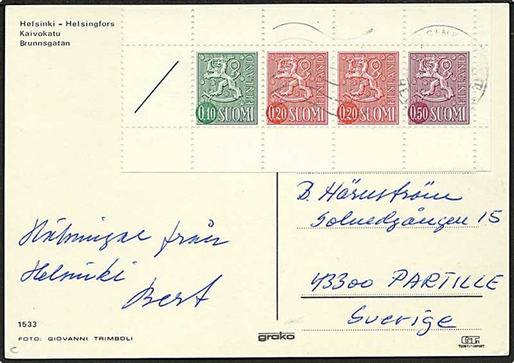 0,10 mk., 0,20 mk. (2) og 0,50 mk. Løve i sammentrykt hæfteblok på brevkort annulleret med svagt stempel i Helsingfors til Partille, Sverige.