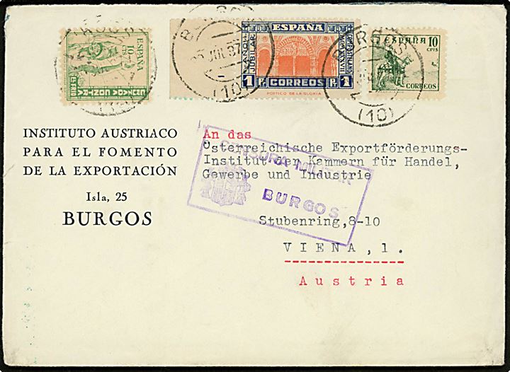 10 cts. Rytter, 1 pt. Ano Jubilar og 10 cts. velgørenhed på brev fra Burgos d. 22.7.1937 til Wien, Østrig. Lokal spansk censur fra Burgos.