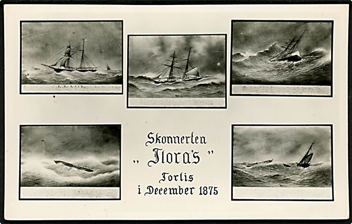 Skonnerten Floras forlis i december 1875. Efter 5 tegninger. Marstal og Omegns Museum u/no.