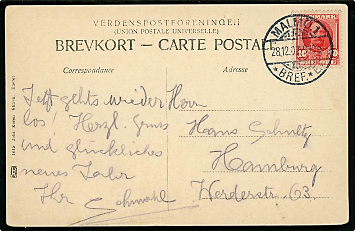 10 øre Fr. VIII på brevkort (Amagertorv, København) annulleret med svensk stempel i Malmö d. 28.12.1907 til Hamburg, Tyskland.