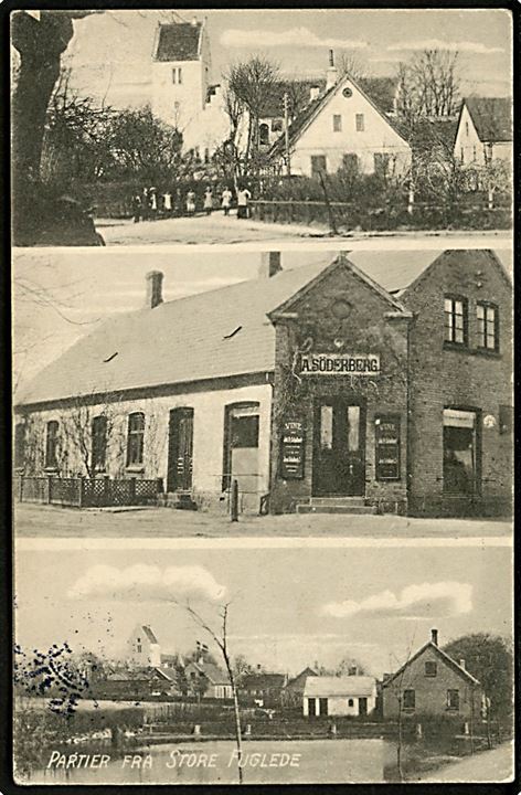 Store Fuglede. Kirke, Købmand og gadekær. H.P. Hansen u/no. Svagt knæk!