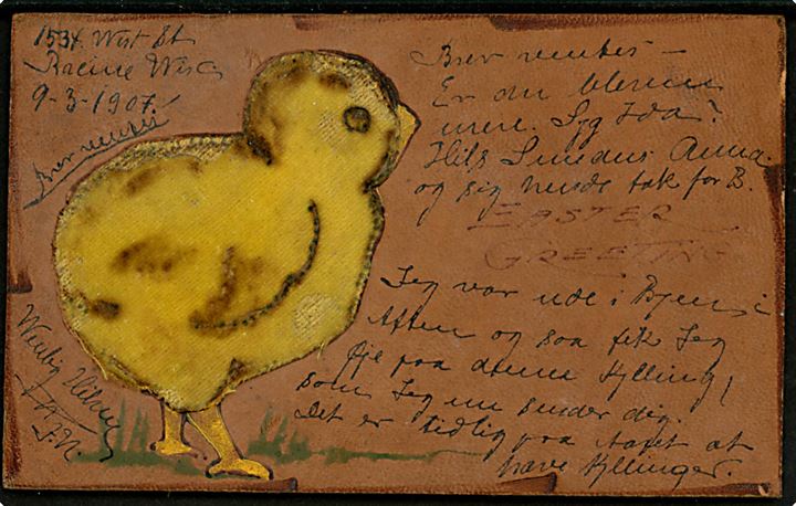 Læderkort med kylling. Med 2 cent Washington USA, sendt 09.03.1907 til Jyderup sat i porto T. 15 centimes N.Y. omregnet til 24 øre. 