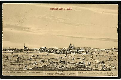 Slagelse anno 1755. Danske Byer i gamle dage no. 11. W.K.F. u/no. Kortet sendt ufrankeret fra Slagelse d. 28.8.1909 til Kværndrup, sat i 10 øre strafporto. 