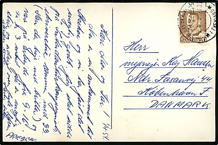 20 øre Fr. IX på brevkort (Danske forlægning i Itzehoe) annulleret med brotype IId Det danske Kommando / I - I / * i Tyskland * d. 2.4.1954 til København.