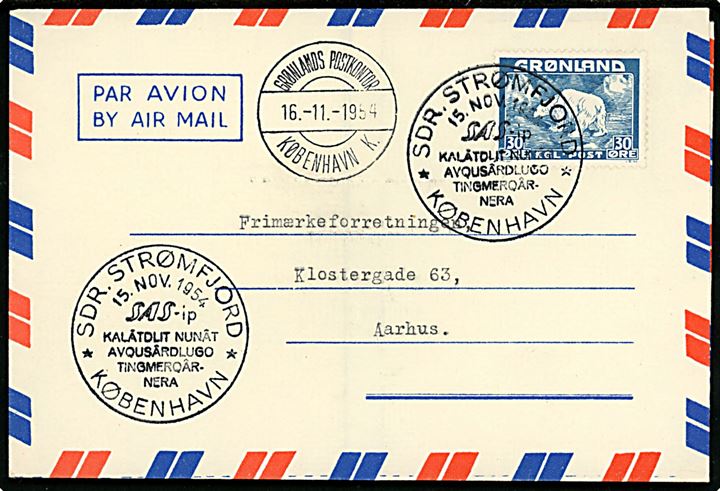 30 øre Isbjørn på aerogram annulleret med SAS 1.-flyvnings særstempel i Sdr. Strømfjord d. 15.11.1954 via Grønlands Postkontor København K. d. 16.11.1954 til Aarhus, Danmark.