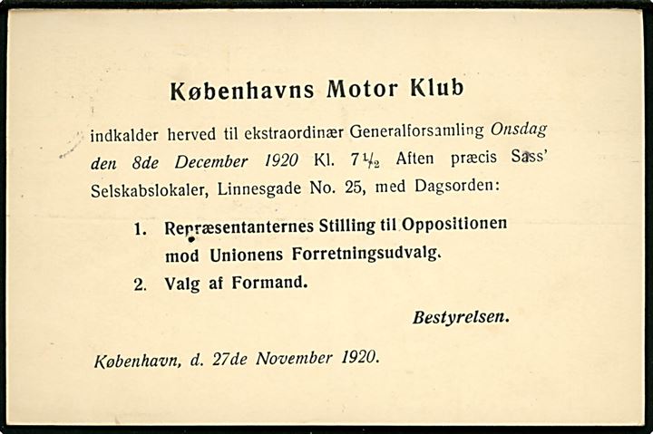 7 øre + 1 øre provisorisk helsagsbrevkort (fabr. 56-H) med fortrykt meddelelse fra Københavns Motor Klub sendt lokalt i København d. 29.11.1920. Nålehul.