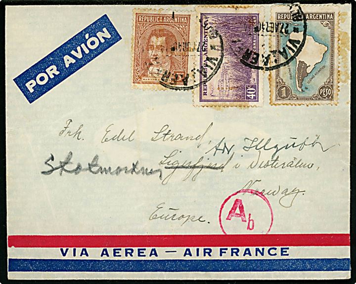 1,45 p. blandingsfrankeret luftpostbrev fra den norske kirke i Buenos Aires d. 27.8.1940 til Sigerfjord, Norge - eftersendt d. 6.11.1941. Passér stemplet Ab ved den tyske censur i Berlin.