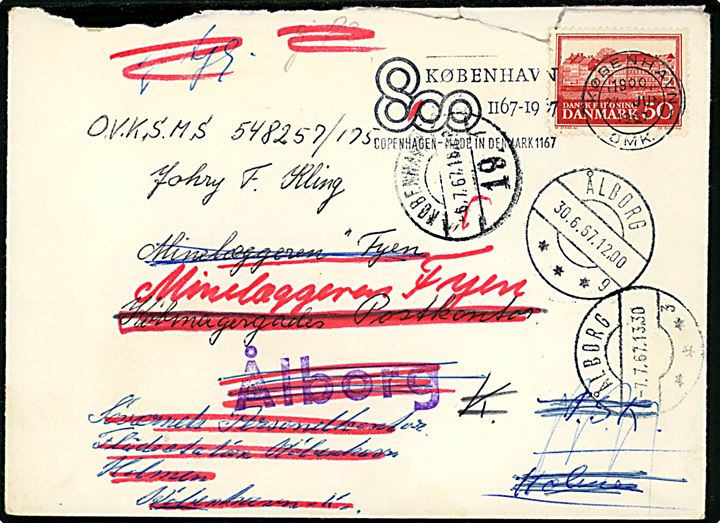 50 øre Assistenshuset på brev fra København d. 27.6.1967 til sømand ombord på minelæggeren Fyen via Købmagergades Postkontor - eftersendt flere gange. Urent åbnet i toppen.