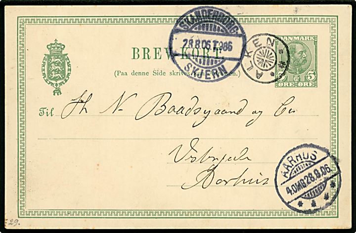 5 øre Chr. IX helsagsbrevkort fra Svejstrup Mark pr. Ry St. annulleret med stjernestempel ALKEN og sidestemplet bureau Skanderborg - Skjern T.986 d. 28.8.1906 til Aarhus.