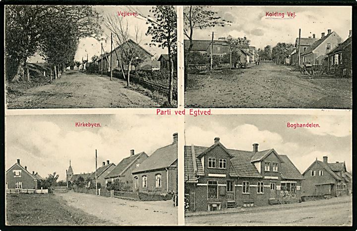 Egtved, partier med Vejlevej, Koldingvej, Kirkebyen og Boghandel. M. Lauritsen no. 29912.