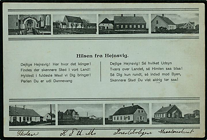 Hejnsvig, Hilsen fra med bl.a. kirke, skole, præstebolig og missionshus. J.J.N. no. 8419.