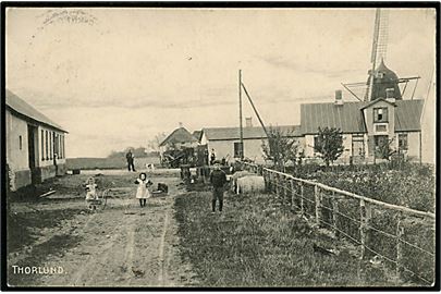 Thorlund ved Nørre Snede, parti med mølle i baggrunden. R. J. u/no.