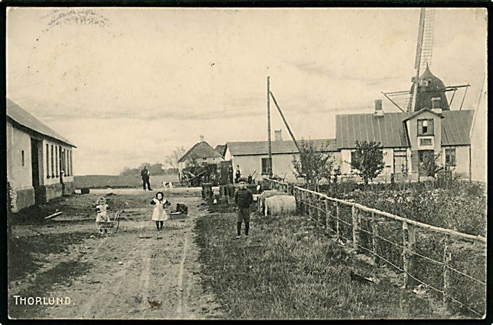 Thorlund ved Nørre Snede, parti med mølle i baggrunden. R. J. u/no.