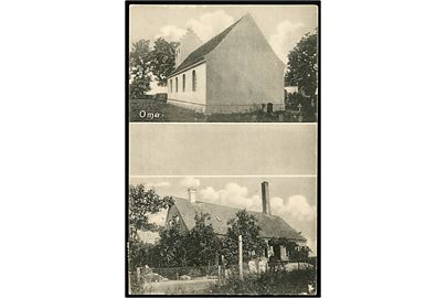 Omø, partier med bl.a. kirke. U/no. Frankeret med 5 øre Chr. X og annulleret brotype IIIb Omø d. 16.10.1917 til Sædding pr. Esbjerg.