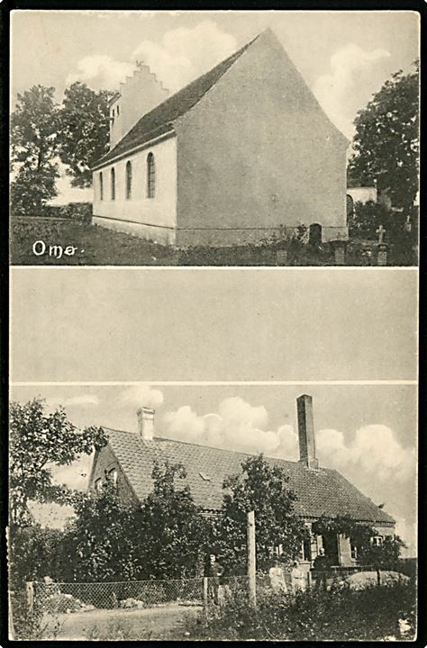 Omø, partier med bl.a. kirke. U/no. Frankeret med 5 øre Chr. X og annulleret brotype IIIb Omø d. 16.10.1917 til Sædding pr. Esbjerg.