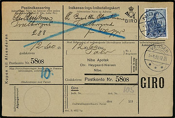 30 øre Thorvaldsen single på retur Indkasserings-Indbetalingskort fra Nibe d. 1.4.1939 til Vægger.