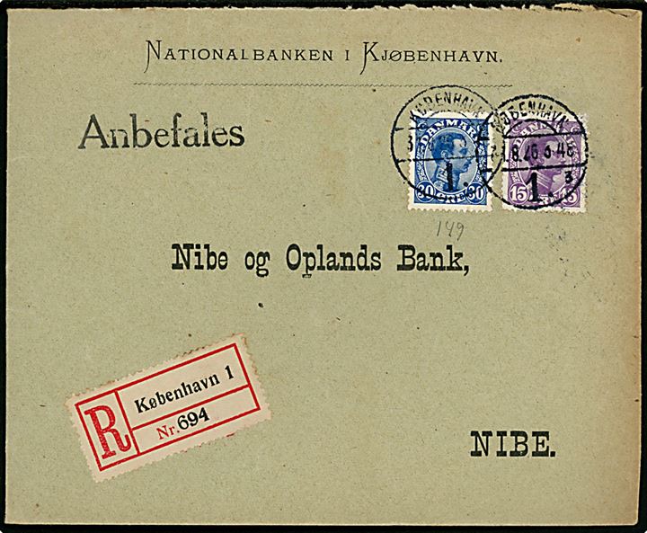 15 øre og 30 øre Chr. X på anbefalet brev fra København d. 31.8.1926 til Nibe.