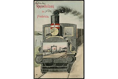 Fredericia, Rejsehilsen med damp lokomotiv og prospekt fra Fredericia færgehavn. Stenders no. 4695.