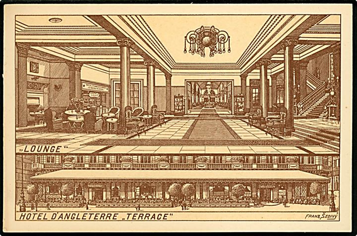 Franz Sedivy: Hotel d'Angleterre, København. Reklamekort u/no.