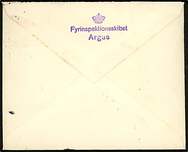 10 øre Bølgelinie og 15 øre Karavel på søndagsbrev fra Aarhus d. 18.5.1935 til Hellerup. På bagsiden afs.-stempel: (krone)/Fyrinspektionsskibet Argus. 