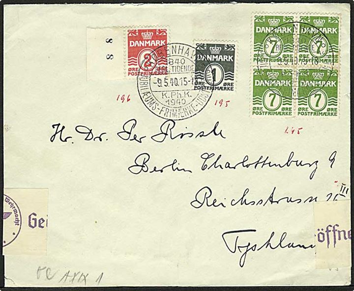 1 øre, 2 øre og 7 øre (fireblok) Bølgelinie på brev annulleret med udstillingsstempel fra København d. 9.5.1940 til Berlin, Tyskland. Åbnet af tysk censur.
