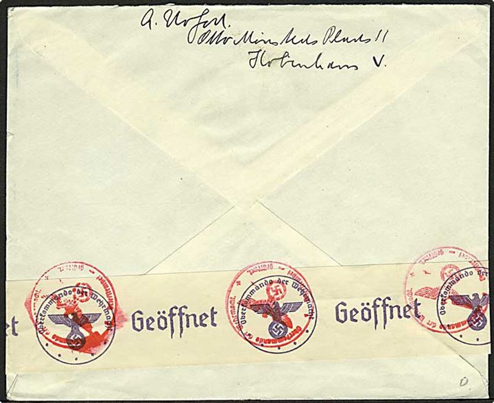 1 øre, 2 øre og 7 øre (fireblok) Bølgelinie på brev annulleret med udstillingsstempel fra København d. 9.5.1940 til Berlin, Tyskland. Åbnet af tysk censur.