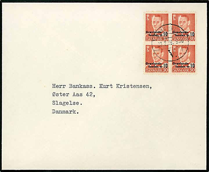 30+10 Grønlandsfonden i fireblok på uofficiel FDC fra København d. 23.2.1959 til Slagelse.