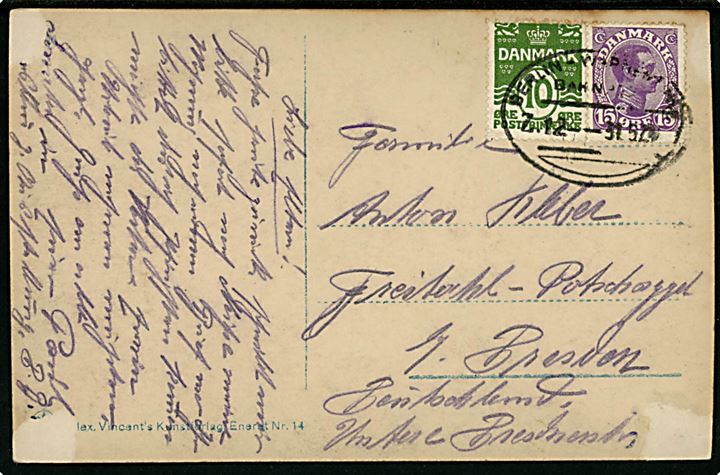 10 øre Bølgelinie og 15 øre Chr. X på brevkort fra Kjøbenhavn annulleret med tysk bureaustempel Berlin - Warnemünde Bahnpost Zug 12 d. 31.5.1924 til Dresden, Tyskland.