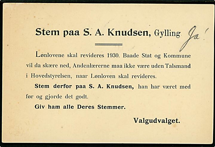 7 øre Bølgelinie single på valg-agitations tryksagskort fra Aarhus d. 17.11.1927 til Gerlev. 