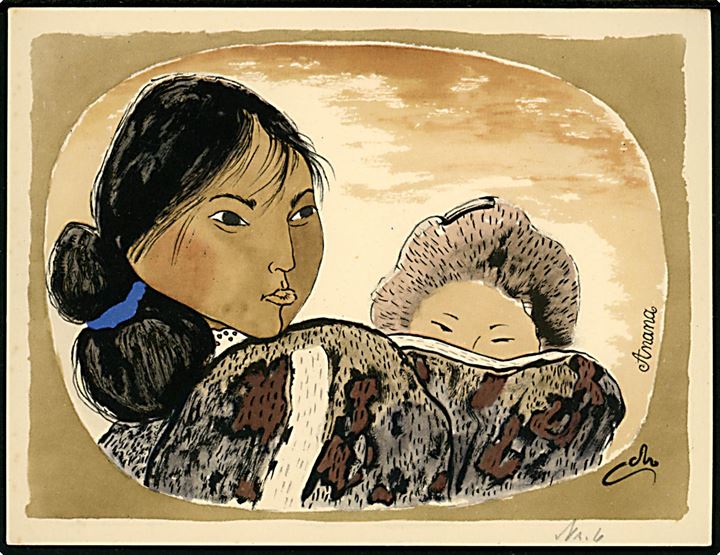 20 øre Chr. X på brevkort Eskimomor med barn med Tuberkulose mærkat annulleret med særstempel Sdr. Strømfjord / Jul i Grønland d. 25.12.1957 til Tyringe, Sverige. 