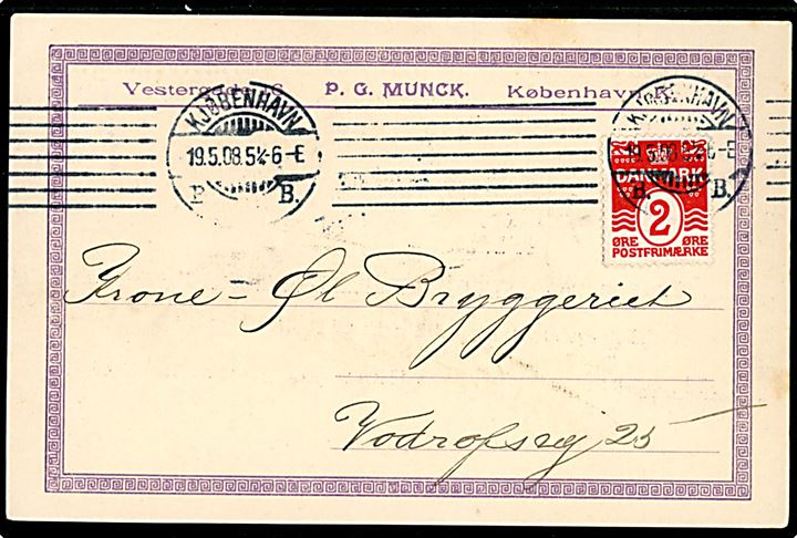 2 øre Bølgelinie single på lokalt tryksagskort i Kjøbenhavn d. 19.5.1908.