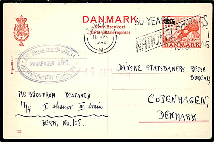 25/20 øre svardel af provisorisk dobbelt helsagsbrevkort annulleret med britisk stempel i London d. 10.4.1946 til København, Danmark.