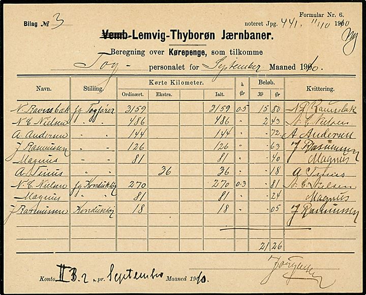 Vemb-Lemvig-Thyborøn Jærnbane - Formular nr. 6 - Beregning af Kørepenge for togpersonale for september 1910. 
