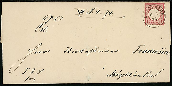 1 gr. Lille Brystskjold udg. på tjenestebrev annulleret med enringsstempel Bredebroe d. 6.5.1874 til Mögeltondern.
