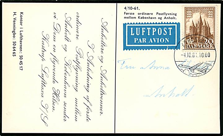 20 øre 1000 års udg. på særligt 1.-flyvnings luftpost brevkort (Kastrup Lufttaxa I/S på Anholt) befordret med første ordinære postflyvning mellem København d. 4.10.1961 og Anholt.