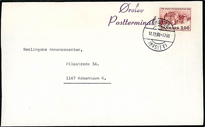 3 kr. Tønder Statsseminarium på brev annulleret med parentes stempel Ringsted (Ørslev) d. 14.12.1988 og sidestemplet Ørslev Postterminal til København. Kuvert afkortet i venstre side. 