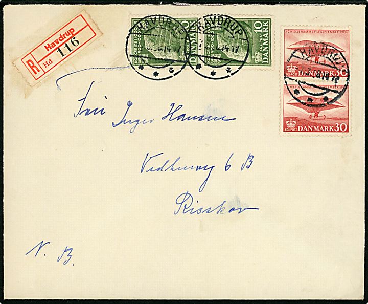 10 øre 1000 års udg. i parstykke og 30 øre Ellehammer i parstykke på anbefalet brev fra Havdrup d. 7.3.1958 til Risskov.