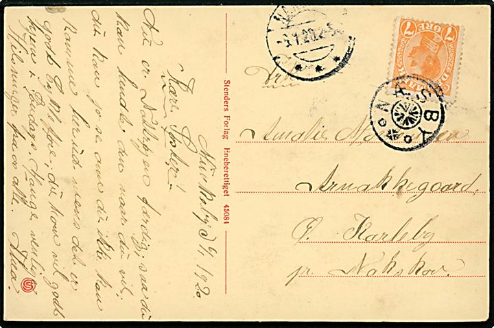 7 øre Chr. X på brevkort annulleret med stjernestempel NÆSBY og sidestemplet Nakskov d. 6.1.1920 til Ø. Karleby pr. Nakskov.