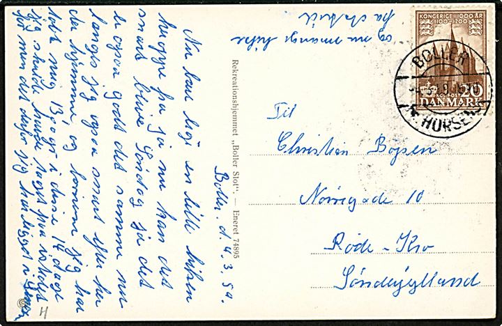 20 øre 1000 års udg. på brevkort annulleret med pr.-stempel Boller pr. Horsens d. 4.3.1959 til Røde Kro.