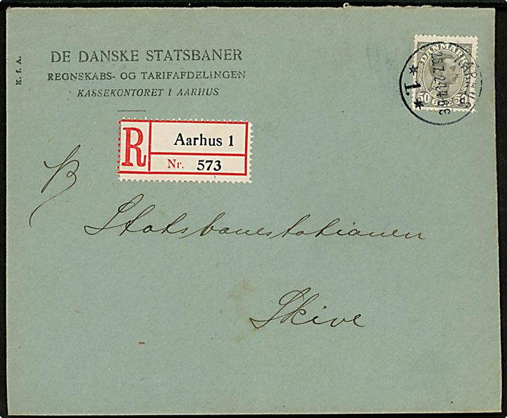 50 øre Chr. X single på anbefalet brev fra De danske Statsbaner i Aarhus d. 25.7.1924 til Skive.