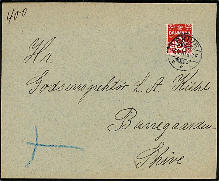 2 øre Bølgelinie single på lokal tryksag i Skive d. 6.9.1910.