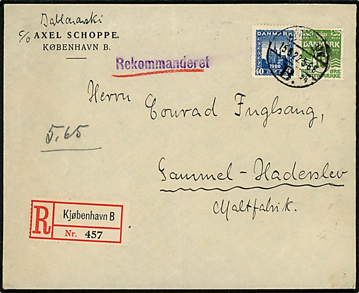 10 øre Bølgelinie og 40 øre Genforening på anbefalet brev fra København B. d. 15.6.1922 til Haderslev.