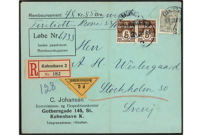 5 øre Bølgelinie (2) og 50 øre Chr. X på anbefalet brev med postopkrævning fra Kjøbenhavn d. 23.4.1925 til Stockholm, Sverige.