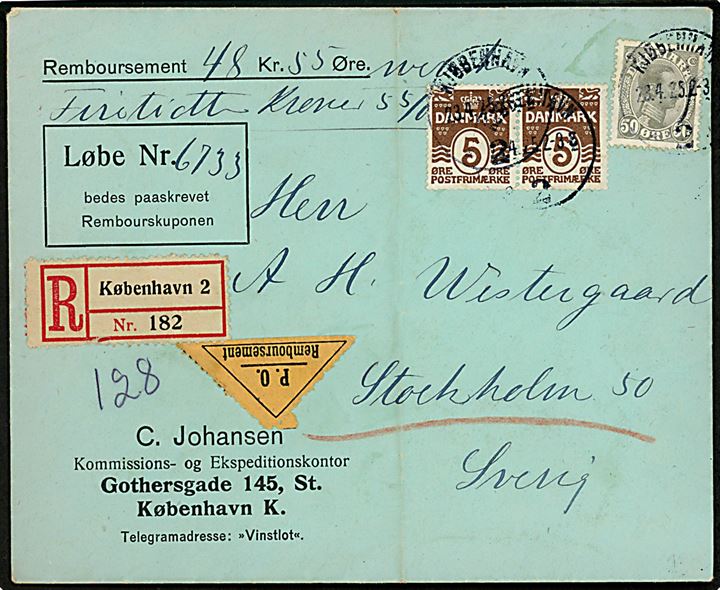 5 øre Bølgelinie (2) og 50 øre Chr. X på anbefalet brev med postopkrævning fra Kjøbenhavn d. 23.4.1925 til Stockholm, Sverige.