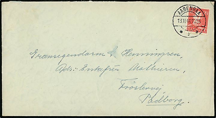 20 øre Chr. X på brev fra Aabenraa d. 13.11.1946 til Grænsegendarm i Padborg.