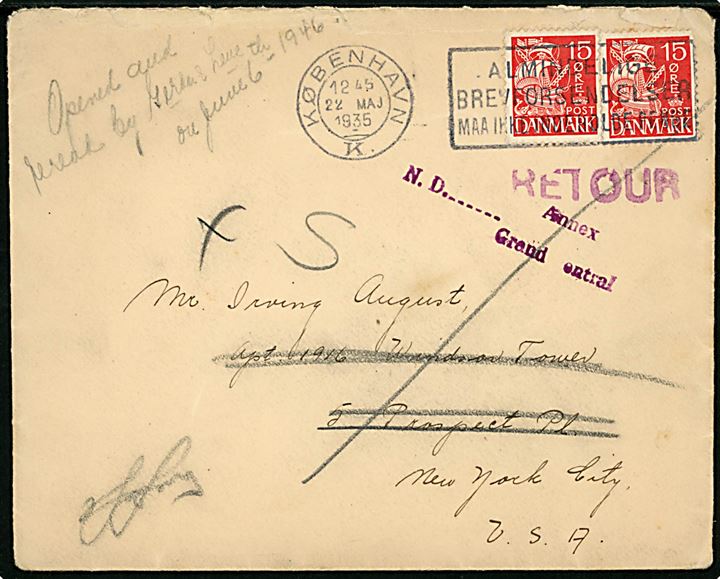 15 øre Karavel (2) på brev fra København d. 22.5.1935 til New York, USA. Retur som ubekendt. Urent åbnet.