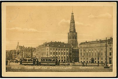 Købh., Nicolai Taarn set fra Christiansborg med sporvogne linie 1 vogn 405. Dansk Lystrykkeri no. 982.