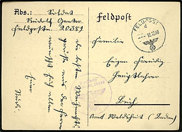 Kriegsweihnacht 1940. Illustreret feltpostkort stemplet Feldpost d. 18.12.1940. Sendt fra soldat ved feldpost no. 20387 = 1. Kranken-Kraftwagen-Zug 35.