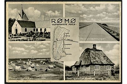 Rømø med landkort, kirke, Lakolk camping, skole og dæmning. Stenders no. 98728.