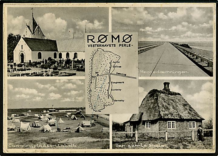 Rømø med landkort, kirke, Lakolk camping, skole og dæmning. Stenders no. 98728.